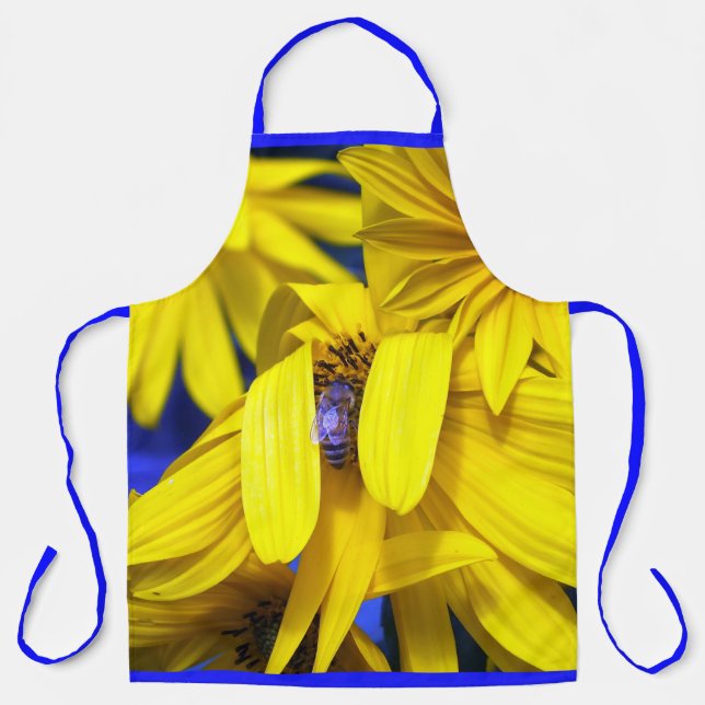 Delantal Abeja Azul Sobre El Girasol Amarillo Dorado (Anverso)