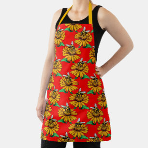 Delantal Abeja en diseño de patrón de flor de girasol rojo