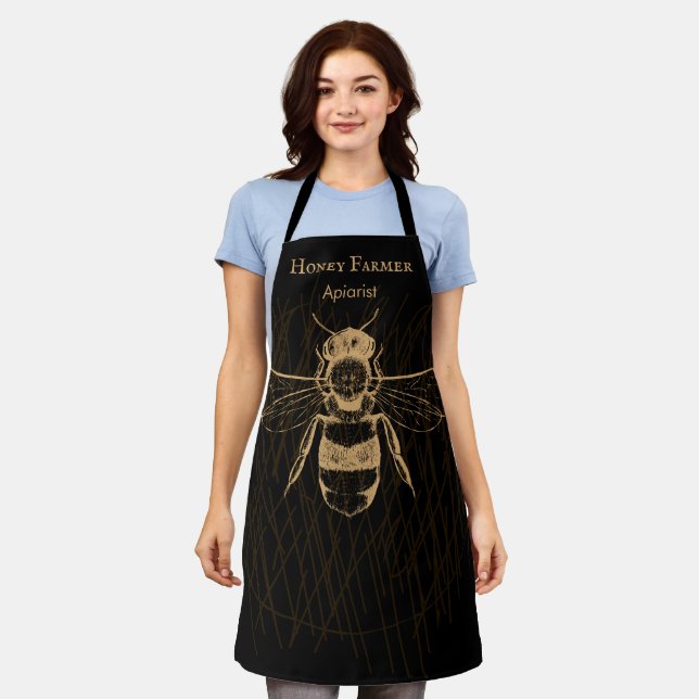 Delantal Abeja Melífera Elegante Boho Negro Oro Apicultor (Gastado)