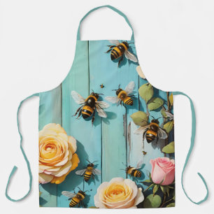Delantal Abejas Ocupadas con Rosas Rosadas y Amarillas en u