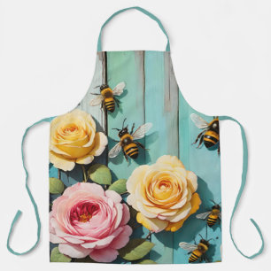 Delantal Abejas Ocupadas con Rosas Rosadas y Amarillas en u