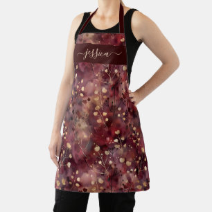 Delantal abstracto floral dorado burdeos chic con 