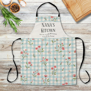 Delantal Abuela Cocina Personalizada Azul Gingham Floral