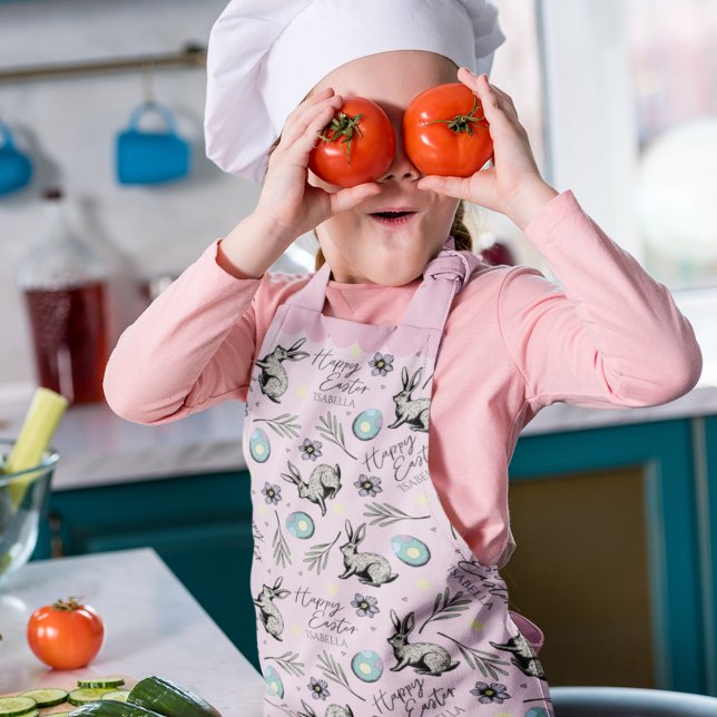 Delantal Abundancia y huevo de Semana Santa Feliz (Cute Pink Happy Easter Custom Name Apron Hand-Drawn Easter Bunny, Colorful Egg & Floral Pattern)