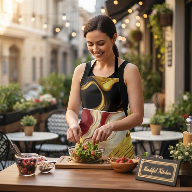 Delantal Achempong Designer Apron: Opulent Swirl Crimson Go (Turn kitchen time into a calming, purposeful task. Chef's Apron, features opulent Gold. Get Yours!)