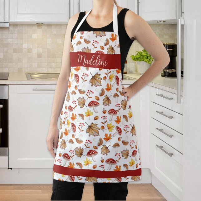 Delantal Acogedoras hojas de otoño y champiñones personaliz (Cozy Fall Leaves and Mushrooms Personalized Apron)
