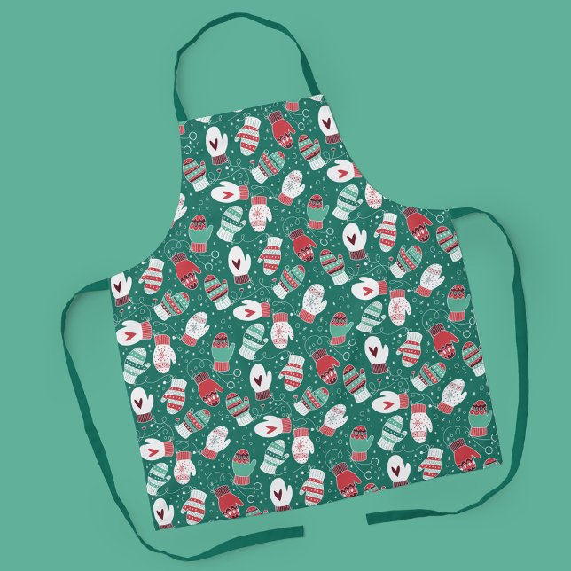 Delantal Acogedores Navidades de invierno miden el patrón e (Winter Mittens Pattern in Green Apron)