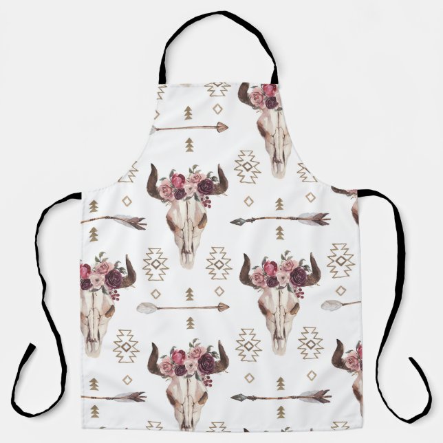Delantal acuarela Boho: flechas, patrón de cráneo. (Anverso)