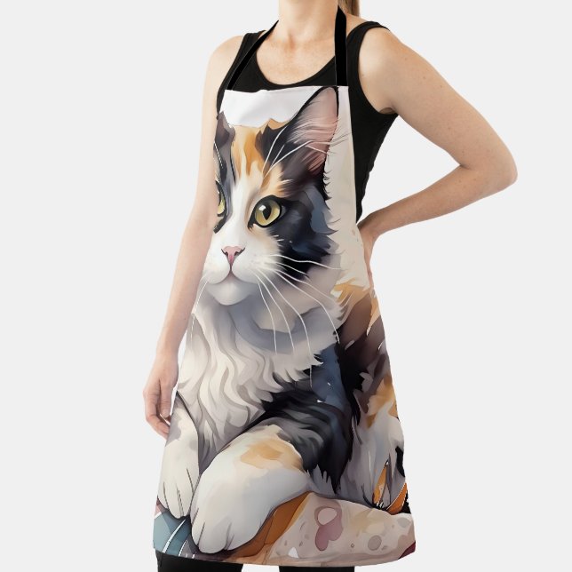 Delantal Acuarela caprichosa Calico Cat y mariposas (in situ)
