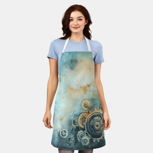 Delantal Acuarela de engranajes de vapor - Trabajo de reloj (Gastado)