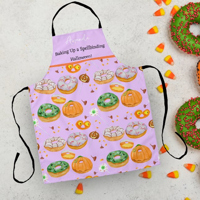 Delantal Acuarela Donut-licious Happy Halloween Candy (Bake your Halloween goodies with this fun watercolor donuts Halloween delight!)