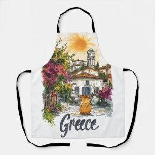 Delantal Acuarela Grecia: Escena de pueblo con flores