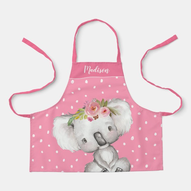 Delantal Acuarela Koala Floral Rosa Personalizada Niños (Anverso)