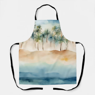 Delantal Acuarela Tropical Beach Scene Palms Sand Ocean