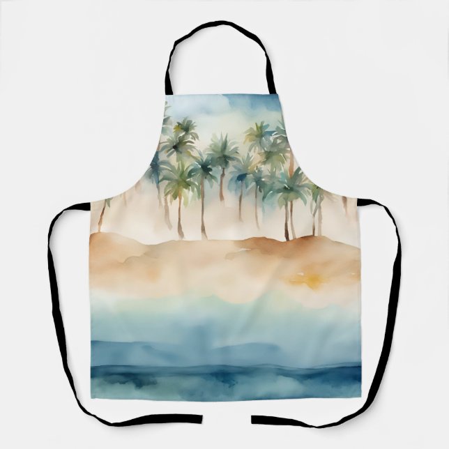 Delantal Acuarela Tropical Beach Scene Palms Sand Ocean (Anverso)