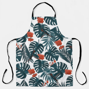 Delantal acuarela tropical, hojas, flores, colibríes