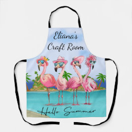 Delantal Adorables Flamencos de verano con saludo rosado en