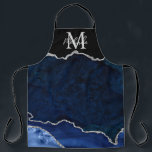 Delantal Agante de mármol azul y plateado de la marina<br><div class="desc">Este delantal cuenta con un elegante y glamuroso fondo de mármol agate con detalles de piedra de gema geodésica y falsos acentos purpurinas de plata. El monograma combina el guión manuscrito y las fuentes sans serif modernas para un aspecto elegante y sofisticado. Esto hará el regalo ideal ya que se...</div>