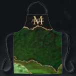 Delantal Agante de mármol verde y oro<br><div class="desc">Este delantal cuenta con un elegante y glamuroso fondo de mármol agate con detalles de piedra de gema geodésica y acentos falsos de purpurina de oro. El monograma combina el guión manuscrito y las fuentes sans serif modernas para un aspecto elegante y sofisticado. Esto hará el regalo ideal ya que...</div>