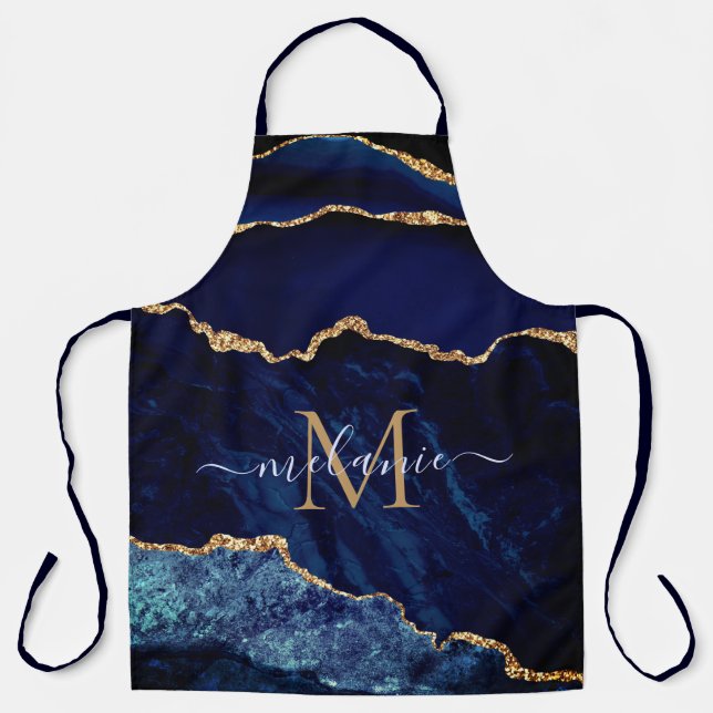 Delantal Agate Navy Blue Gold Geode Monograma Apron (Anverso)