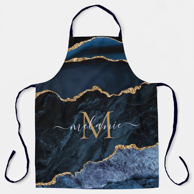 Delantal Agate Navy Blue Gold Marble Monograma Apron (Anverso)