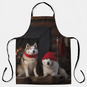 Delantal Akita junto a la chimenea Navidad