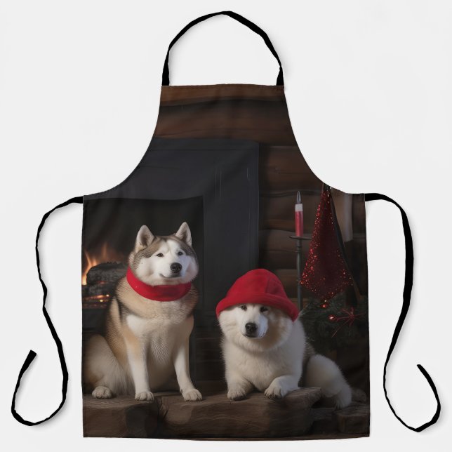 Delantal Akita junto a la chimenea Navidad (Anverso)