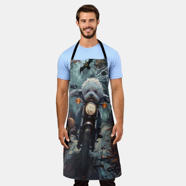 Delantal Alarma de Halloween en moto de Bichon Frise Riendo (Gastado)