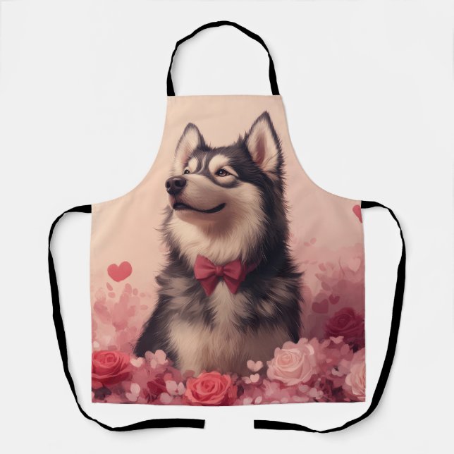 Delantal Alaskan Malamute con Rosas - El día de San Valentí (Anverso)
