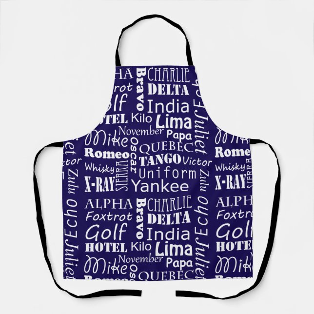 Delantal Alfabeto fonético Imprimir azul y blanco (Anverso)