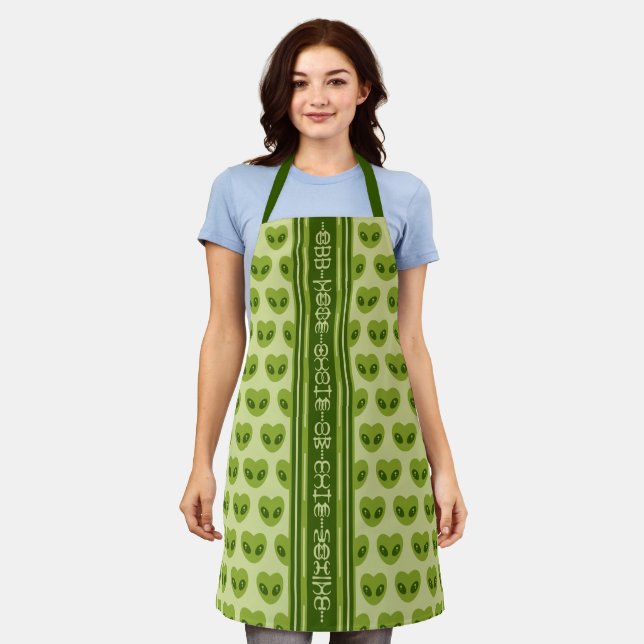 Delantal Alienígena verde lindo con forma de corazón tu nom (Gastado)