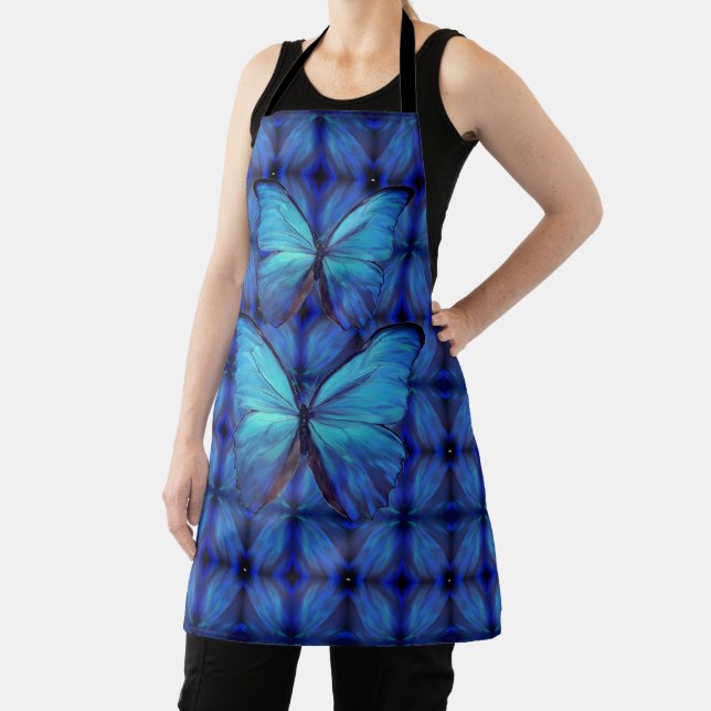 Delantal Allover Print Apron Blue Morphlies Butterflies (in situ)
