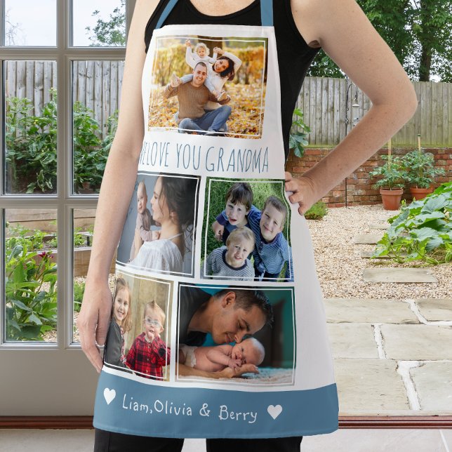 Delantal Amamos A Las Abuelas 5 Fotografía Azul Y Blanco (We Love Grandma Grandkids 5 Photo Blue And White Apron)