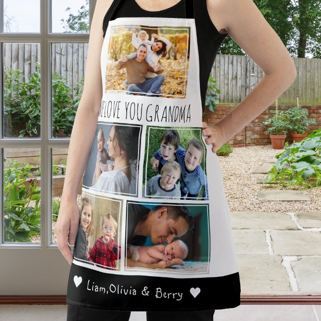 Delantal Amamos A Las Abuelas 5 Fotografías: Blanco Y Negro (We Love Grandma Grandkids 5 Photo Black And White Apron)