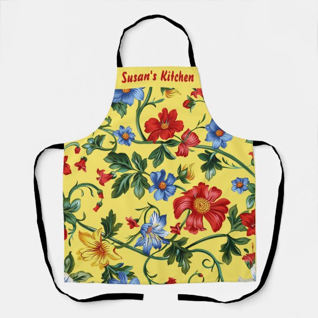 Delantal Amarillo con flores rojas y azules (Anverso)