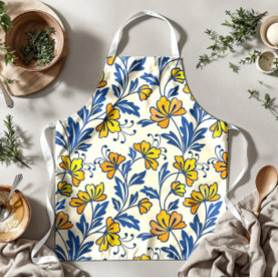 Delantal Amarillo Naranja Floral Folclórico Azul Hoja Vinta