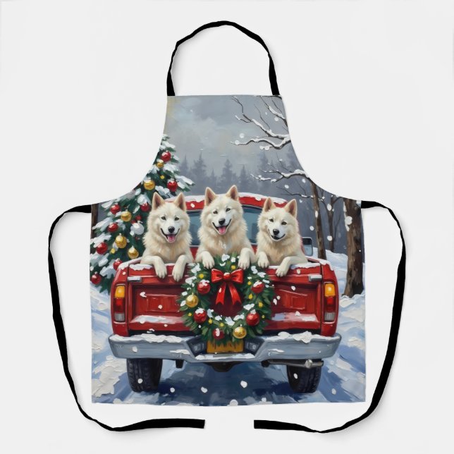 Delantal American Eskimo Dog Christmas Red Truck Holiday (Anverso)