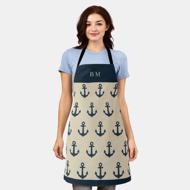 Delantal Ancla azul marino con costa monogramo beige (Gastado)