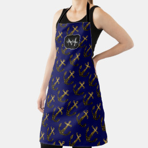 Delantal Ancla de patrón oro falso brillo monograma azul ma