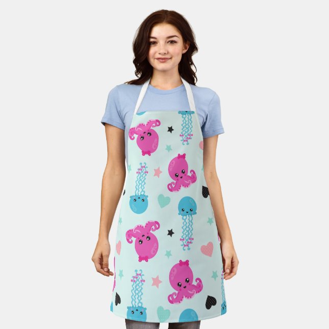 Delantal Animales marinos, vida marina, pulpo, medusas, cor (Gastado)