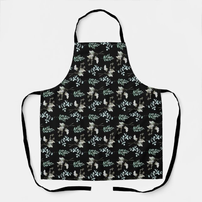 Delantal Antecedentes negros y hojas verdes Cocina Apron (Anverso)