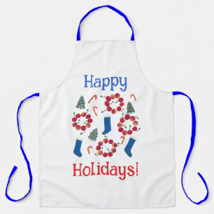 Delantal Apple Wreathes Blue Stockings Happy Holidays Apron