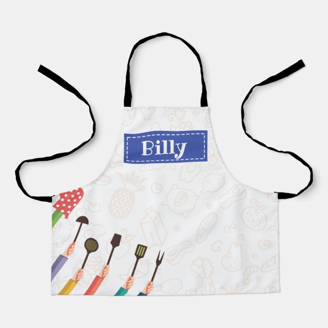 Delantal Apron azul con cosas de cocina (Anverso)