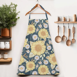 Delantal Apron azul de la marina floral amarillo girasol