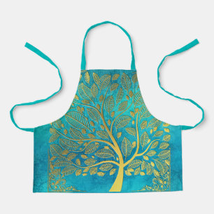 Delantal Aprón azul turquesa y árbol de oro