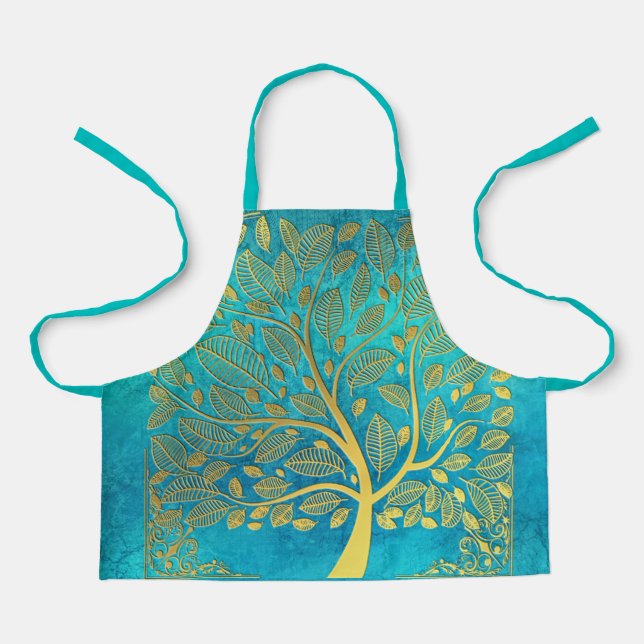 Delantal Aprón azul turquesa y árbol de oro (Anverso)