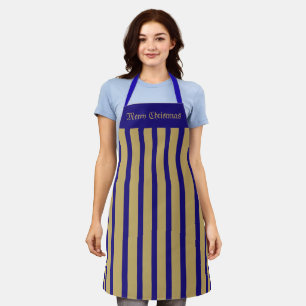 Delantal Apron Cafe Blue y Gold Stripe Feliz Navidad
