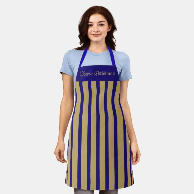 Delantal Apron Cafe Blue y Gold Stripe Feliz Navidad (Gastado)