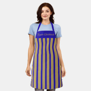 Delantal Apron Café Blue y Gold Stripe Feliz Navidad
