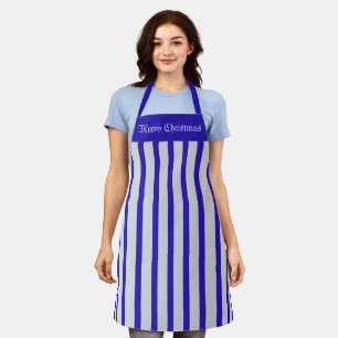 Delantal Apron Cafe Blue y Silver Stripe Feliz Navidad